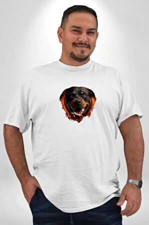 Rottweiler Ateşli Kafası Koca Kafa Beyaz Büyük Beden Kadın Erkek Ünisex  Basic Ön Baskılı Tişört