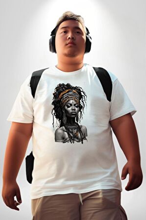 Afrikalı Kadın Erkek Ünisex  Sanat Beyazi  Beyaz Büyük Beden Kadın Erkek Ünisex  Basic Ön Baskılı Tişört