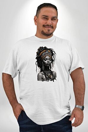 Afrikalı Kadın Erkek Ünisex  Sanat Beyazi  Beyaz Büyük Beden Kadın Erkek Ünisex  Basic Ön Baskılı Tişört