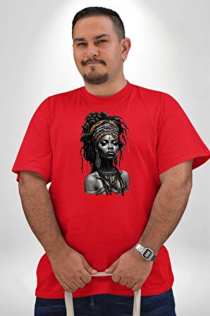 Afrikalı Erkek Kadın Unisex Sanat Kırmızıi  Kırmızı Büyük Beden Erkek Kadın Unisex Basic Ön Baskılı Tişört