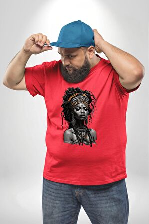 Afrikalı Erkek Kadın Unisex Sanat Kırmızıi  Kırmızı Büyük Beden Erkek Kadın Unisex Basic Ön Baskılı Tişört