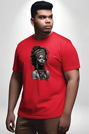 Afrikalı Erkek Kadın Unisex Sanat Kırmızıi  Kırmızı Büyük Beden Erkek Kadın Unisex Basic Ön Baskılı Tişört