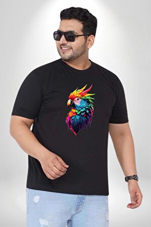 Renkli Amerikan Papağanı Siyah Büyük Beden Erkek Kadın Unisex Basic Ön Baskılı Tişört