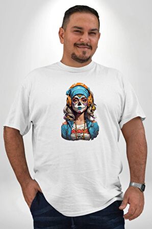 Hippie Cesur Stil Dövmeli Kız  Beyaz Büyük Beden Kadın Erkek Ünisex  Basic Ön Baskılı Tişört