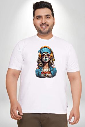 Hippie Cesur Stil Dövmeli Kız  Beyaz Büyük Beden Kadın Erkek Ünisex  Basic Ön Baskılı Tişört