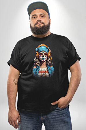 Hippie Cesur Stil Dövmeli Kız  Siyah Büyük Beden Erkek Kadın Unisex Basic Ön Baskılı Tişört
