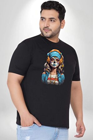 Hippie Cesur Stil Dövmeli Kız  Siyah Büyük Beden Erkek Kadın Unisex Basic Ön Baskılı Tişört