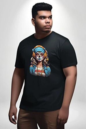 Hippie Cesur Stil Dövmeli Kız  Siyah Büyük Beden Erkek Kadın Unisex Basic Ön Baskılı Tişört