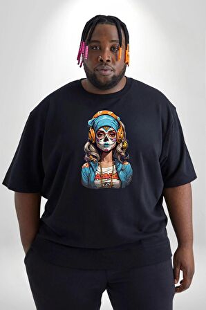 Hippie Cesur Stil Dövmeli Kız  Siyah Büyük Beden Erkek Kadın Unisex Basic Ön Baskılı Tişört