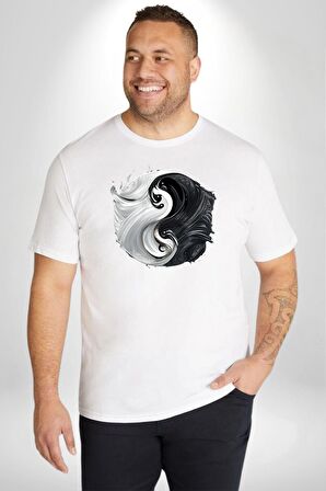 Beyaz Beyaz Ying Yang Beyaz Büyük Beden Kadın Erkek Ünisex  Basic Ön Baskılı Tişört