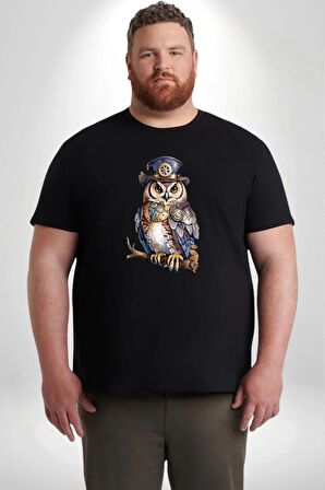 Şapkalı Amerikalı Baykuş Burjuva Baykuş Siyah Büyük Beden Erkek Kadın Unisex Basic Ön Baskılı Tişört