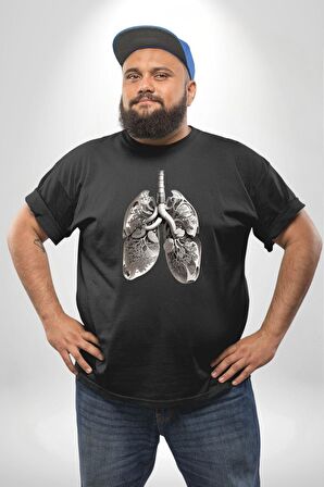 Porselen Akciğer Çiçekler Açmış Siyah Büyük Beden Erkek Kadın Unisex Basic Ön Baskılı Tişört