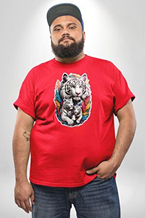 Beyaz Kaplan Ailesi Renkli Tüyler Kırmızı Büyük Beden Erkek Kadın Unisex Basic Ön Baskılı Tişört