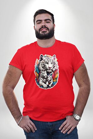 Beyaz Kaplan Ailesi Renkli Tüyler Kırmızı Büyük Beden Erkek Kadın Unisex Basic Ön Baskılı Tişört