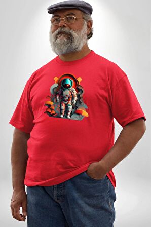 Astronot Yapay Zeka Yürüyüş Kırmızı Büyük Beden Erkek Kadın Unisex Basic Ön Baskılı Tişört