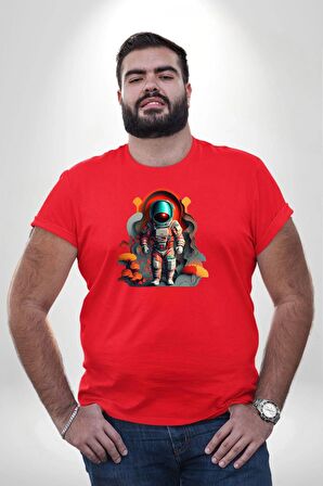 Astronot Yapay Zeka Yürüyüş Kırmızı Büyük Beden Erkek Kadın Unisex Basic Ön Baskılı Tişört