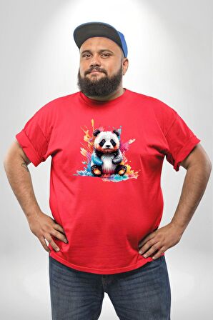 Renkli Yavru Panda  Kırmızı Büyük Beden Erkek Kadın Unisex Basic Ön Baskılı Tişört