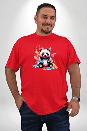 Renkli Yavru Panda  Kırmızı Büyük Beden Erkek Kadın Unisex Basic Ön Baskılı Tişört