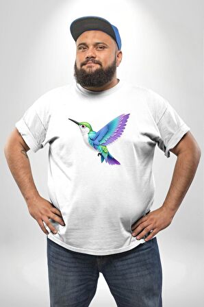 Sinek Kuşu Renkli Beyaz Büyük Beden Kadın Erkek Ünisex  Basic Ön Baskılı Tişört