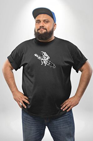 Roket Astronot  Siyah Büyük Beden Erkek Kadın Unisex Basic Ön Baskılı Tişört