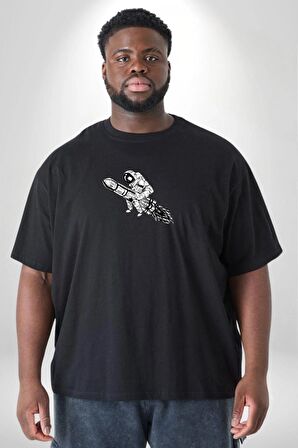 Roket Astronot  Siyah Büyük Beden Erkek Kadın Unisex Basic Ön Baskılı Tişört