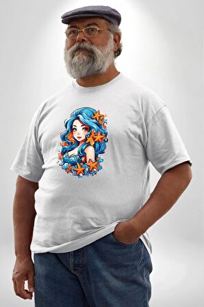 Deniz Kızı Deniz Yıldızı Mavi Saçlı Beyaz Büyük Beden Kadın Erkek Ünisex  Basic Ön Baskılı Tişört