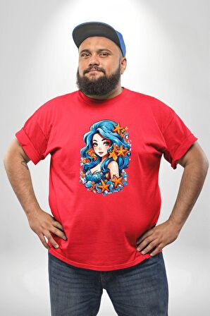 Deniz Kızı Deniz Yıldızı Mavi Saçlı Kırmızı Büyük Beden Erkek Kadın Unisex Basic Ön Baskılı Tişört