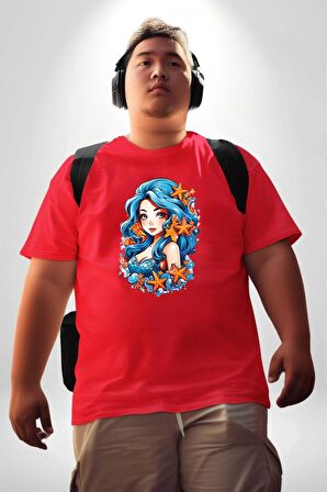 Deniz Kızı Deniz Yıldızı Mavi Saçlı Kırmızı Büyük Beden Erkek Kadın Unisex Basic Ön Baskılı Tişört