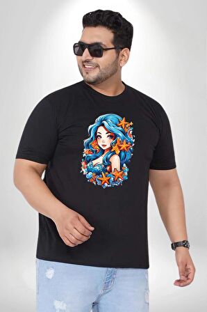 Deniz Kızı Deniz Yıldızı Mavi Saçlı Siyah Büyük Beden Erkek Kadın Unisex Basic Ön Baskılı Tişört