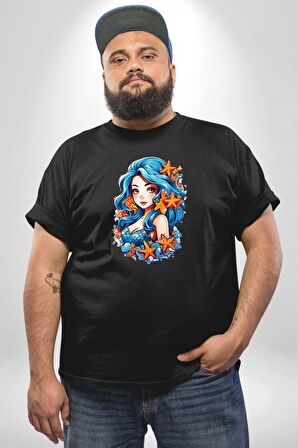 Deniz Kızı Deniz Yıldızı Mavi Saçlı Siyah Büyük Beden Erkek Kadın Unisex Basic Ön Baskılı Tişört