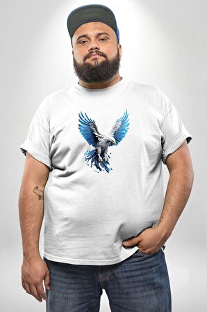 Mavi Beyaz Kartal Kuş Beyaz Büyük Beden Kadın Erkek Ünisex  Basic Ön Baskılı Tişört