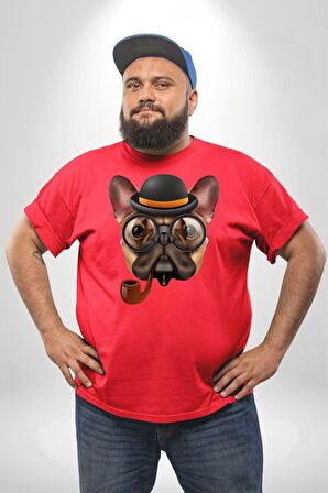 Köpek Pug Gözlüklü Kırmızı Büyük Beden Erkek Kadın Unisex Basic Ön Baskılı Tişört