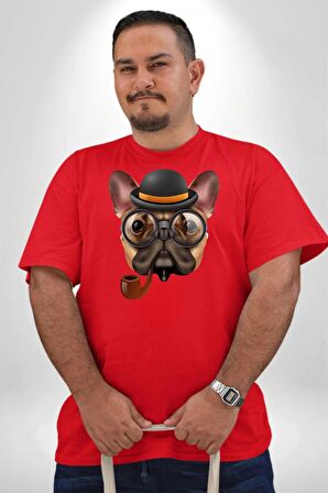 Köpek Pug Gözlüklü Kırmızı Büyük Beden Erkek Kadın Unisex Basic Ön Baskılı Tişört