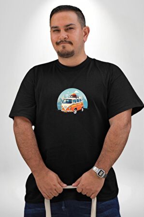 Wolkswagen Karavan Kış Gezisi Siyah Büyük Beden Erkek Kadın Unisex Basic Ön Baskılı Tişört