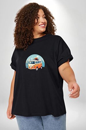 Wolkswagen Karavan Kış Gezisi Siyah Büyük Beden Erkek Kadın Unisex Basic Ön Baskılı Tişört