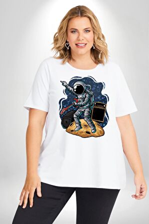 Gitar Astronot Müzik Uzay Beyaz Büyük Beden Kadın Erkek Ünisex  Basic Ön Baskılı Tişört
