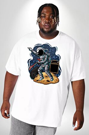 Gitar Astronot Müzik Uzay Beyaz Büyük Beden Kadın Erkek Ünisex  Basic Ön Baskılı Tişört