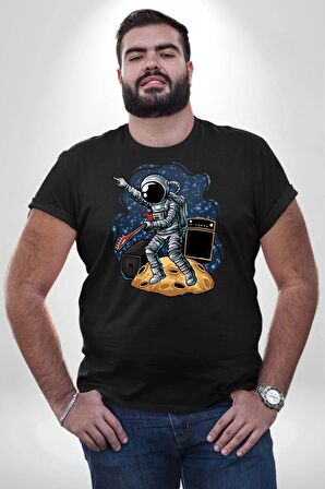 Gitar Astronot Müzik Uzay Siyah Büyük Beden Erkek Kadın Unisex Basic Ön Baskılı Tişört