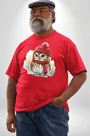 Kış Kırmızı Atkı Bere Baykuş Kırmızı Büyük Beden Erkek Kadın Unisex Basic Ön Baskılı Tişört