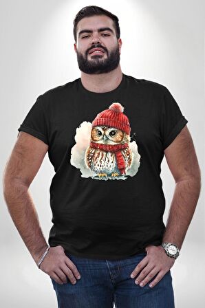 Kış Kırmızı Atkı Bere Baykuş Siyah Büyük Beden Erkek Kadın Unisex Basic Ön Baskılı Tişört