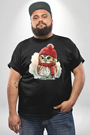 Kış Kırmızı Atkı Bere Baykuş Siyah Büyük Beden Erkek Kadın Unisex Basic Ön Baskılı Tişört