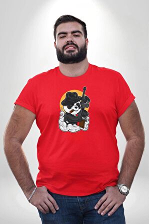 Gangster Panda  Kırmızı Büyük Beden Erkek Kadın Unisex Basic Ön Baskılı Tişört