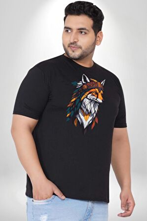 Kızılderili Tilki  Siyah Büyük Beden Erkek Kadın Unisex Basic Ön Baskılı Tişört