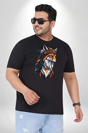 Kızılderili Tilki  Siyah Büyük Beden Erkek Kadın Unisex Basic Ön Baskılı Tişört