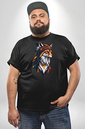 Kızılderili Tilki  Siyah Büyük Beden Erkek Kadın Unisex Basic Ön Baskılı Tişört