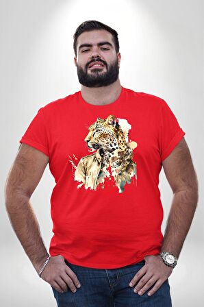 Cool Yakışıklı Ajan Leopar Kırmızı Büyük Beden Erkek Kadın Unisex Basic Ön Baskılı Tişört