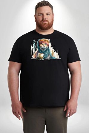 Türk Kahvesi Kedi  Siyah Büyük Beden Erkek Kadın Unisex Basic Ön Baskılı Tişört