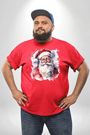 Mutlu Noel Baba Yeni Yıl Tasarımı Kırmızı Büyük Beden Erkek Kadın Unisex Basic Ön Baskılı Tişört