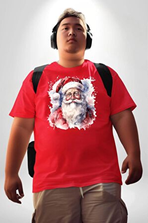 Mutlu Noel Baba Yeni Yıl Tasarımı Kırmızı Büyük Beden Erkek Kadın Unisex Basic Ön Baskılı Tişört