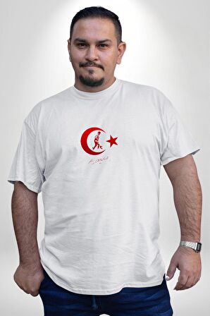 Ay Yıldız Beyaz Kemal Atatürk İmza Beyaz Büyük Beden Kadın Erkek Ünisex  Basic Ön Baskılı Tişört
